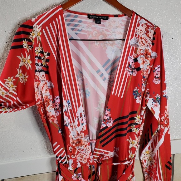 Boston Proper Red floral & stripe wrap dress - Picture 6 of 11